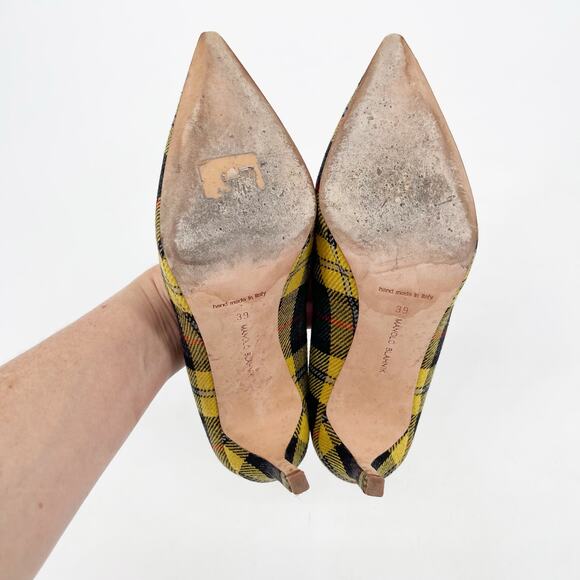 Manolo Blahnik BB Yellow Tartan Plaid Wool Pointed Toe Stiletto Pumps IT 39 - Picture 9 of 10